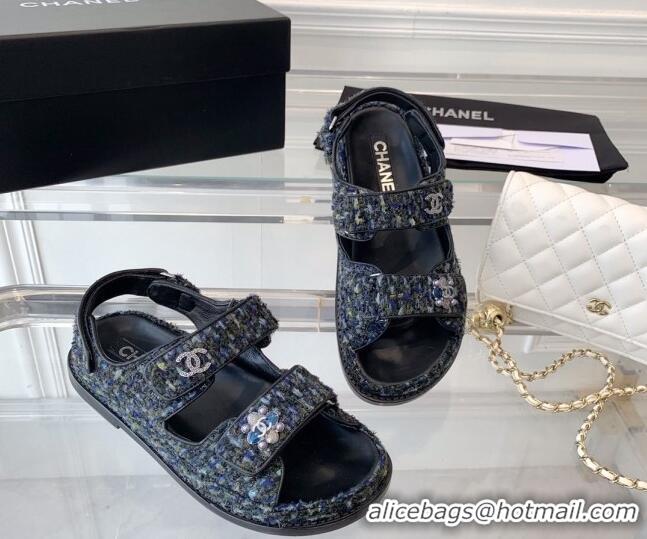 Good Looking Chanel Iridescent Tweed Strap Flat Sandals G35927 Navy Blue 229114