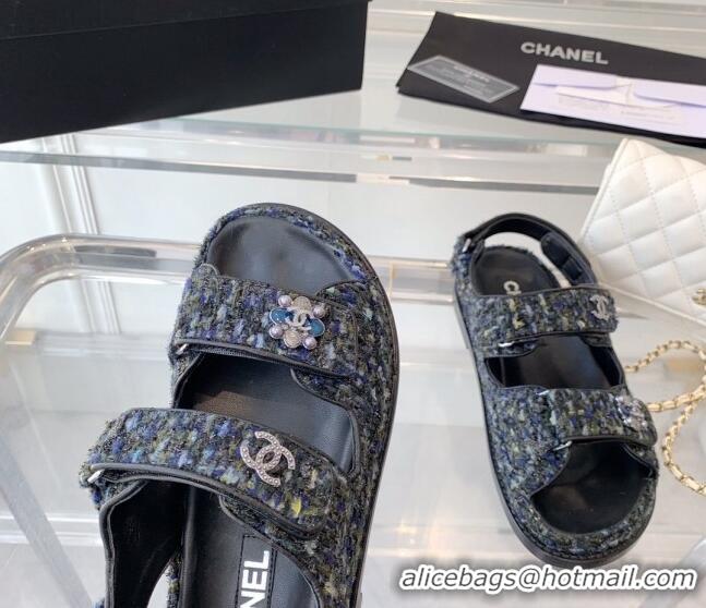 Good Looking Chanel Iridescent Tweed Strap Flat Sandals G35927 Navy Blue 229114