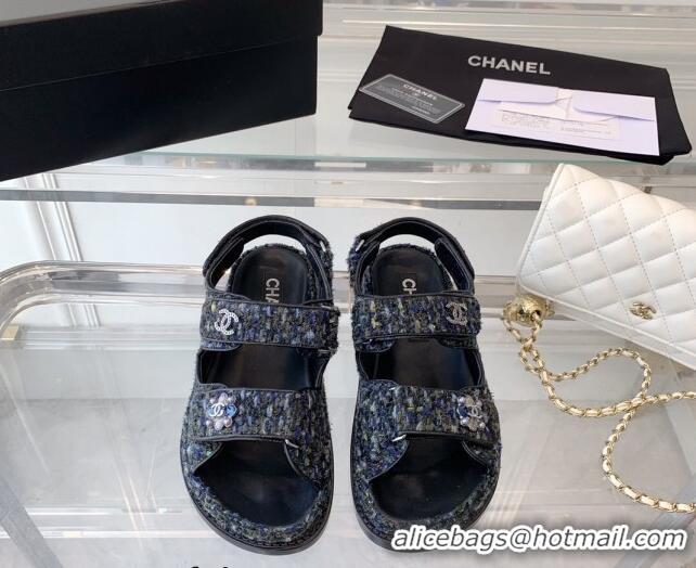 Good Looking Chanel Iridescent Tweed Strap Flat Sandals G35927 Navy Blue 229114