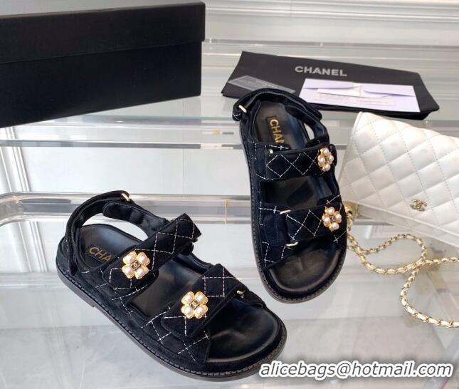 Trendy Design Chanel Quilted Suede Strap Flat Sandals G35927 Black 1229115