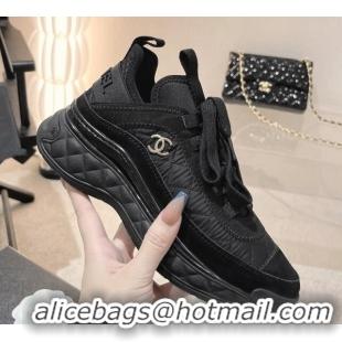 Pretty Style Chanel Quilted Fabric & Suede Sneakers G39070 Black 012916