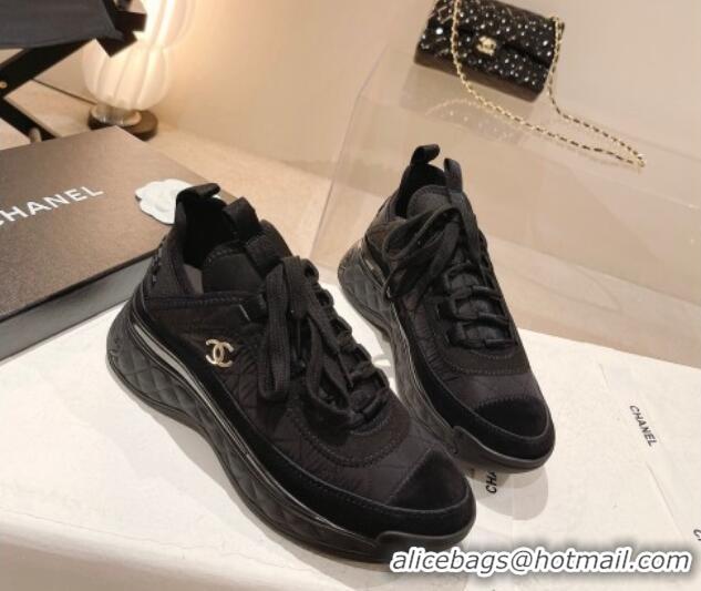 Pretty Style Chanel Quilted Fabric & Suede Sneakers G39070 Black 012916