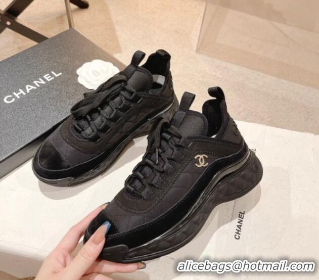 Pretty Style Chanel Quilted Fabric & Suede Sneakers G39070 Black 012916