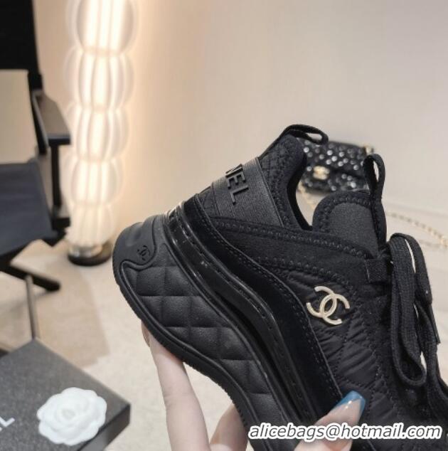 Pretty Style Chanel Quilted Fabric & Suede Sneakers G39070 Black 012916