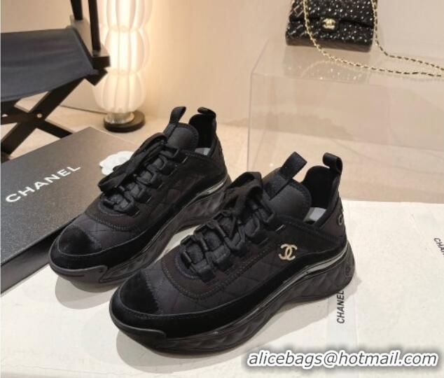 Pretty Style Chanel Quilted Fabric & Suede Sneakers G39070 Black 012916