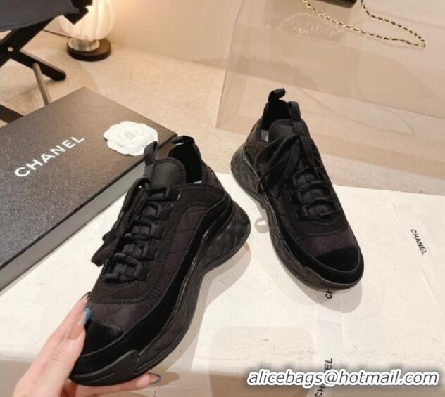 Pretty Style Chanel Quilted Fabric & Suede Sneakers G39070 Black 012916