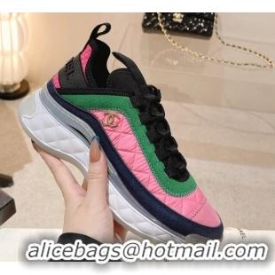 Grade Quality Chanel Quilted Fabric & Suede Sneakers G39070 Bright Pink/Green 012920