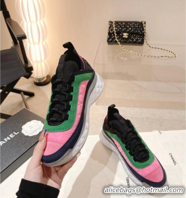 Grade Quality Chanel Quilted Fabric & Suede Sneakers G39070 Bright Pink/Green 012920