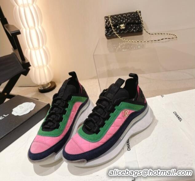 Grade Quality Chanel Quilted Fabric & Suede Sneakers G39070 Bright Pink/Green 012920