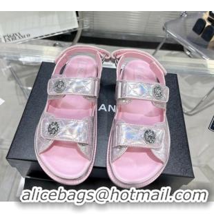 Good Looking Chanel Iridescent Leather Strap Flat Sandals with Coin Charm G35927 Pink 012922