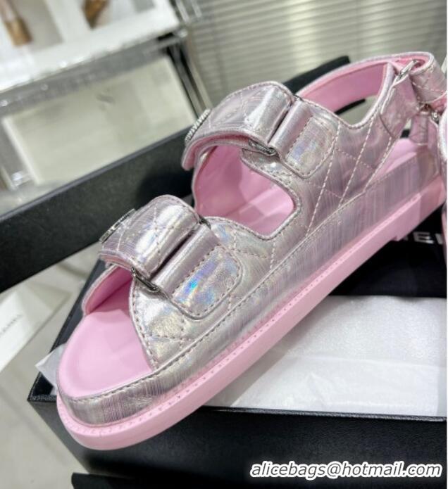 Good Looking Chanel Iridescent Leather Strap Flat Sandals with Coin Charm G35927 Pink 012922