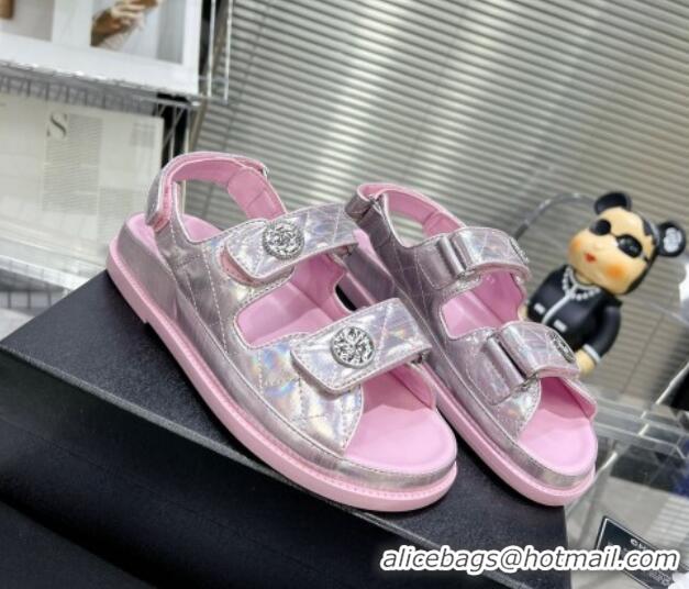 Good Looking Chanel Iridescent Leather Strap Flat Sandals with Coin Charm G35927 Pink 012922