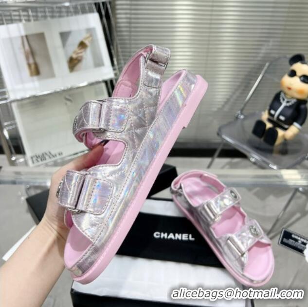 Good Looking Chanel Iridescent Leather Strap Flat Sandals with Coin Charm G35927 Pink 012922