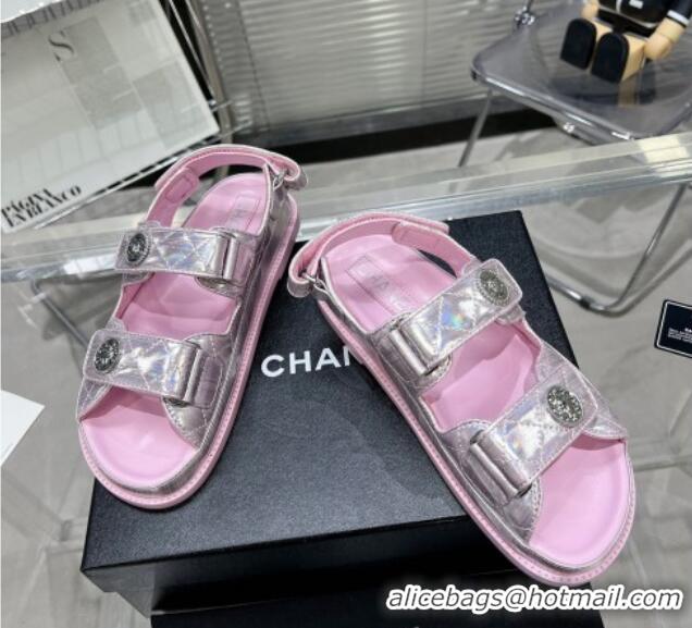 Good Looking Chanel Iridescent Leather Strap Flat Sandals with Coin Charm G35927 Pink 012922