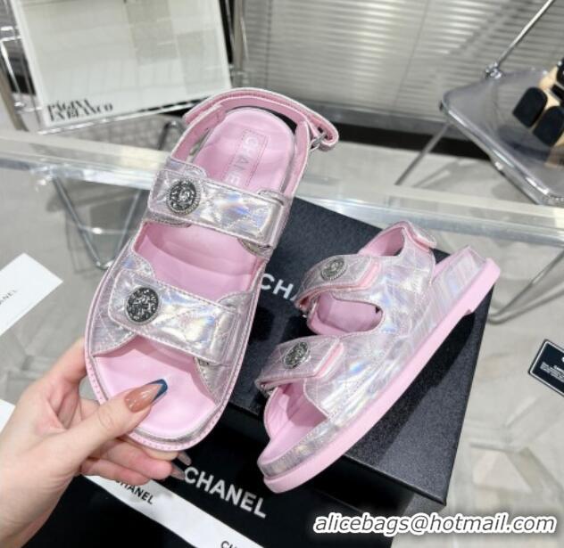 Good Looking Chanel Iridescent Leather Strap Flat Sandals with Coin Charm G35927 Pink 012922