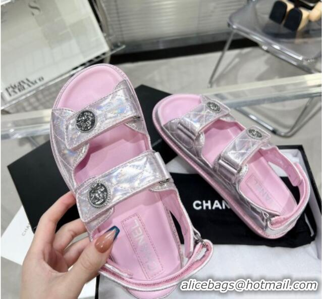 Good Looking Chanel Iridescent Leather Strap Flat Sandals with Coin Charm G35927 Pink 012922