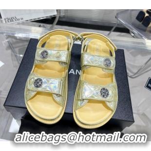 Most Popular Chanel Iridescent Leather Strap Flat Sandals with Coin Charm G35927 Yellow 012923