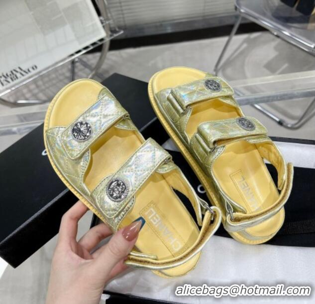 Most Popular Chanel Iridescent Leather Strap Flat Sandals with Coin Charm G35927 Yellow 012923