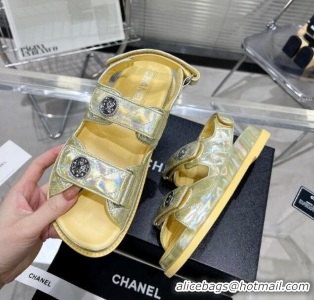 Most Popular Chanel Iridescent Leather Strap Flat Sandals with Coin Charm G35927 Yellow 012923