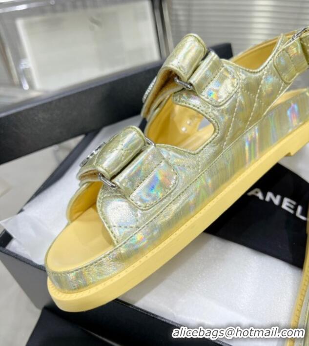 Most Popular Chanel Iridescent Leather Strap Flat Sandals with Coin Charm G35927 Yellow 012923