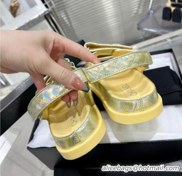 Most Popular Chanel Iridescent Leather Strap Flat Sandals with Coin Charm G35927 Yellow 012923