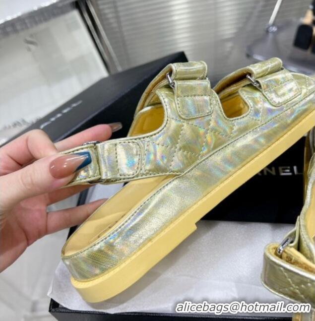 Most Popular Chanel Iridescent Leather Strap Flat Sandals with Coin Charm G35927 Yellow 012923