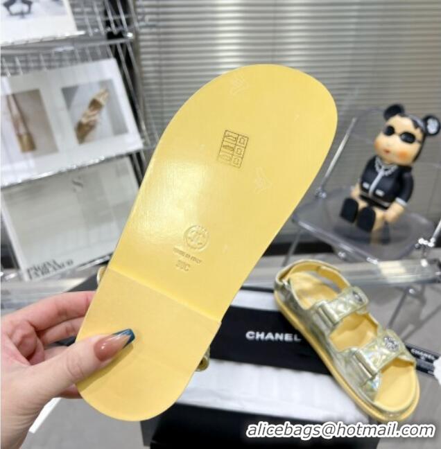 Most Popular Chanel Iridescent Leather Strap Flat Sandals with Coin Charm G35927 Yellow 012923