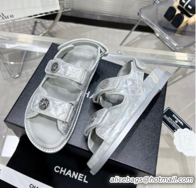 Sumptuous Chanel Iridescent Leather Strap Flat Sandals G35927 Silver 012924