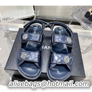 Duplicate Chanel Iridescent Leather Strap Flat Sandals with Coin Charm G35927 Blue 012925