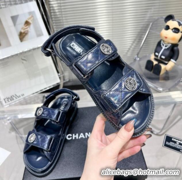 Duplicate Chanel Iridescent Leather Strap Flat Sandals with Coin Charm G35927 Blue 012925