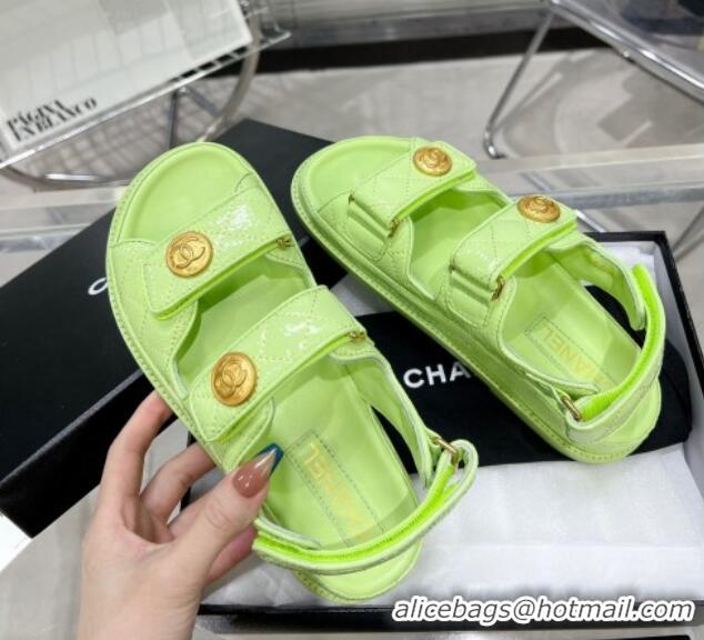 Classic Hot Chanel Patent Leather Strap Flat Sandals with CC Buttom G35927 Green 012926