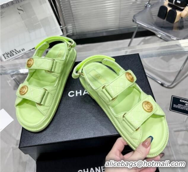 Classic Hot Chanel Patent Leather Strap Flat Sandals with CC Buttom G35927 Green 012926