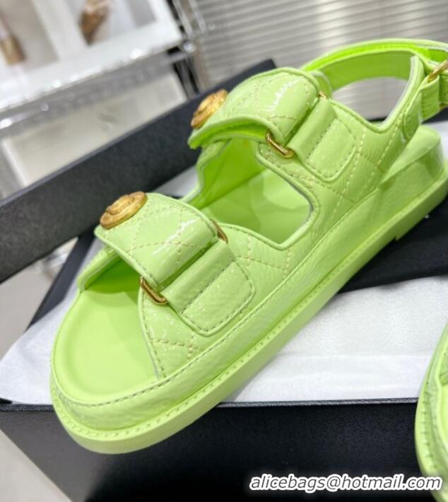 Classic Hot Chanel Patent Leather Strap Flat Sandals with CC Buttom G35927 Green 012926