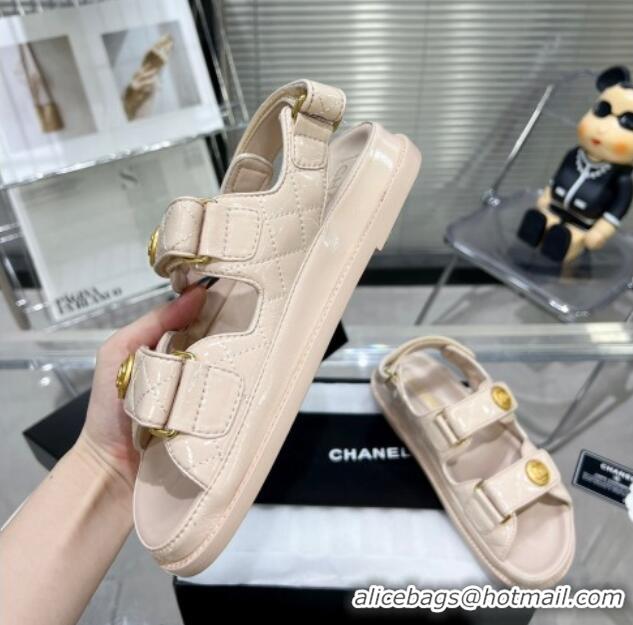 Good Quality Chanel Patent Leather Strap Flat Sandals with CC Buttom G35927 Nude Pink 012927