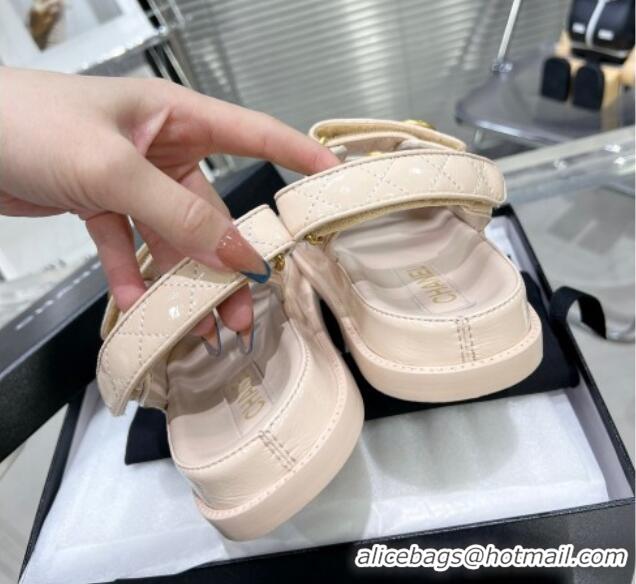 Good Quality Chanel Patent Leather Strap Flat Sandals with CC Buttom G35927 Nude Pink 012927