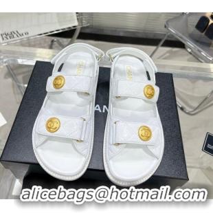 Low Cost Chanel Patent Leather Strap Flat Sandals with CC Buttom G35927 White 012928