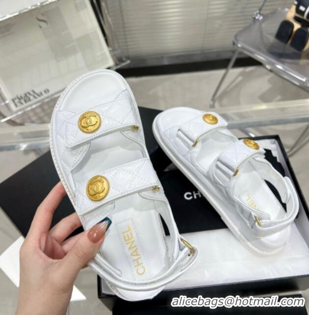 Low Cost Chanel Patent Leather Strap Flat Sandals with CC Buttom G35927 White 012928