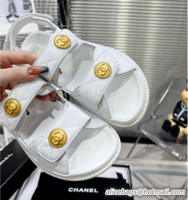 Low Cost Chanel Patent Leather Strap Flat Sandals with CC Buttom G35927 White 012928