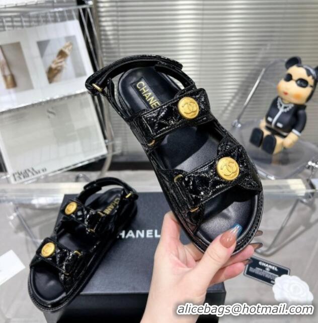 Unique Style Chanel Patent Leather Strap Flat Sandals with CC Buttom G35927 Black 012929