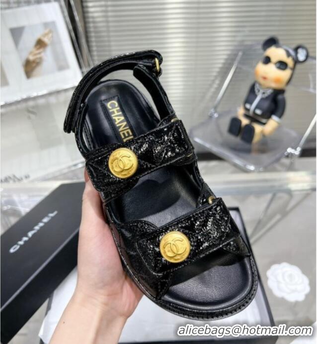 Unique Style Chanel Patent Leather Strap Flat Sandals with CC Buttom G35927 Black 012929