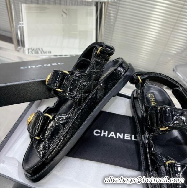 Unique Style Chanel Patent Leather Strap Flat Sandals with CC Buttom G35927 Black 012929