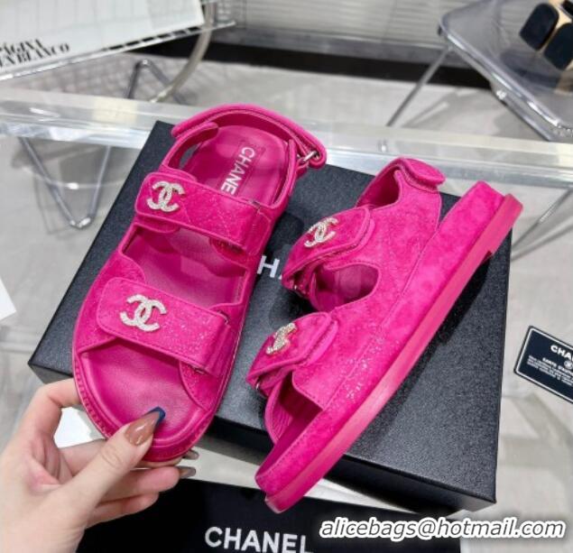 Best Price Chanel Suede Strap Flat Sandals with Crystal CC G35927 Dark Pink 012930