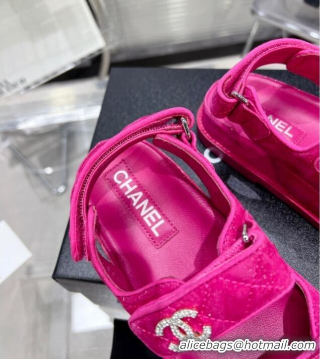 Best Price Chanel Suede Strap Flat Sandals with Crystal CC G35927 Dark Pink 012930