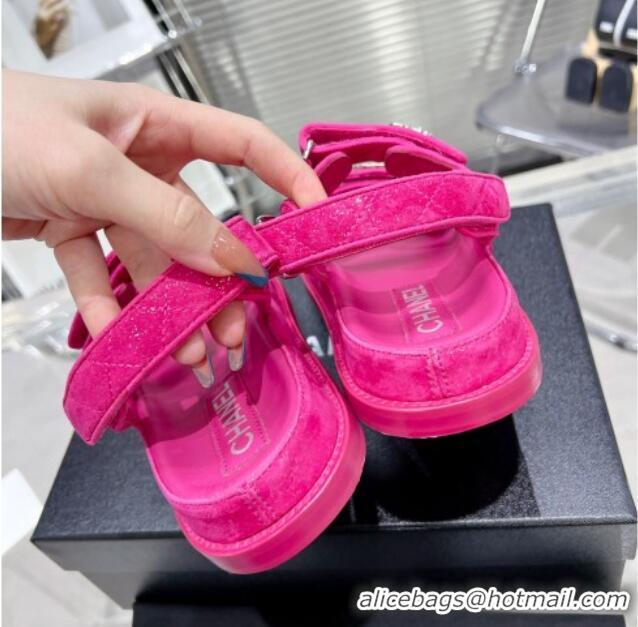 Best Price Chanel Suede Strap Flat Sandals with Crystal CC G35927 Dark Pink 012930