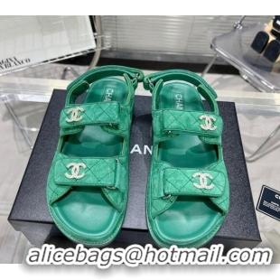 Best Product Chanel Suede Strap Flat Sandals with Crystal CC G35927 Green 012931