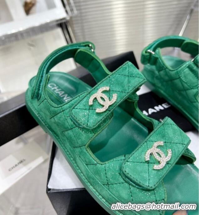 Best Product Chanel Suede Strap Flat Sandals with Crystal CC G35927 Green 012931