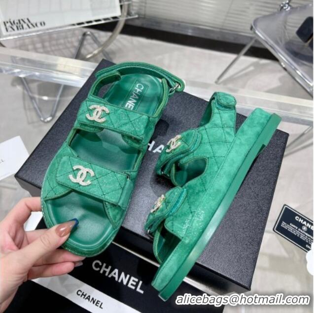 Best Product Chanel Suede Strap Flat Sandals with Crystal CC G35927 Green 012931