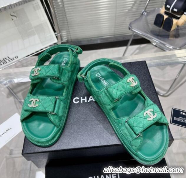 Best Product Chanel Suede Strap Flat Sandals with Crystal CC G35927 Green 012931