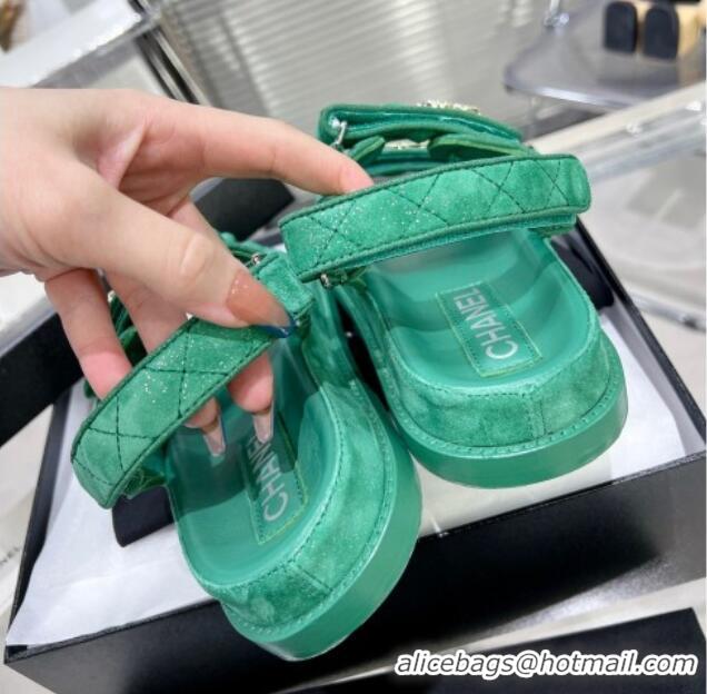 Best Product Chanel Suede Strap Flat Sandals with Crystal CC G35927 Green 012931