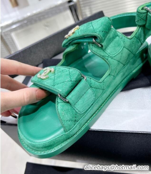 Best Product Chanel Suede Strap Flat Sandals with Crystal CC G35927 Green 012931